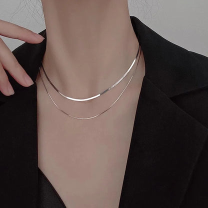 Luckacco 2023 S925 Silver Double Layer Box Chain Snake Clavicle Chain Necklace Female Fashion Hip-hop Retro Unique Design Fine Jewelry