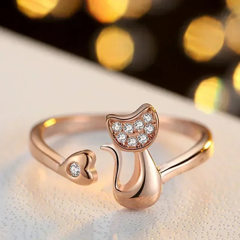 luckacco charm crystal top quality cubic zirconia crystal inlaid cute animal cat ring for women girls fashion animal anillo de mujer open