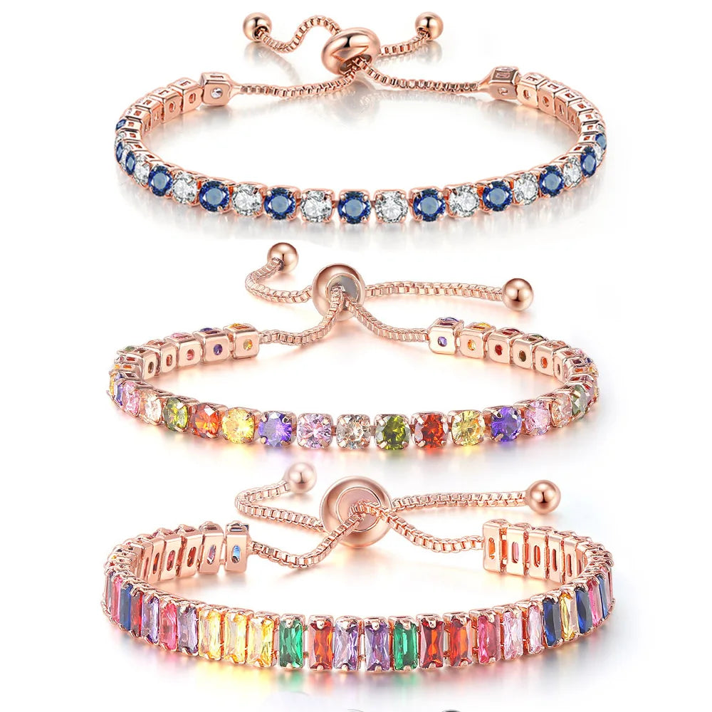 luckacco adjustable multicolor tennis bracelets for women ladies wedding rainbow colorful zircon charm bracelet hand chain jewelry dzh043