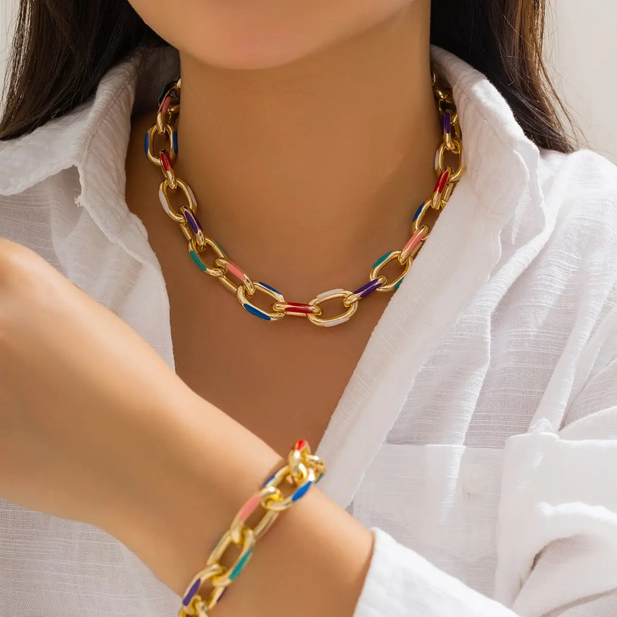 luckacco 2pcs/set colorful bohemian fashion choker necklace bracelet jewelry set classic cross chain accessories for women gift party