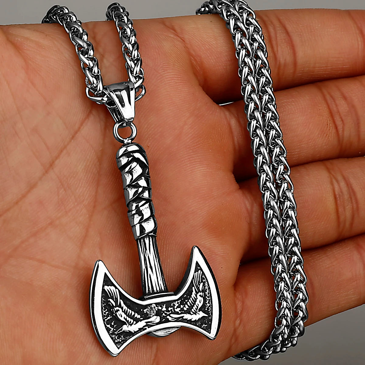 luckacco viking odin raven huginn and muninn double axe titanium steel stainless steel necklace pendant men's scandinavian jewelry gift