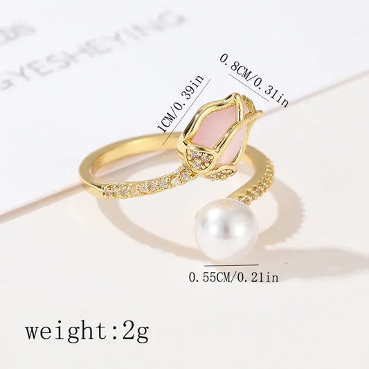 Luckacco Korean Trend Tulip Flower Imitation Pearl Rings for Women Elegant Simple Adjustable Opening Finger Ring Party Wedding Jewelry