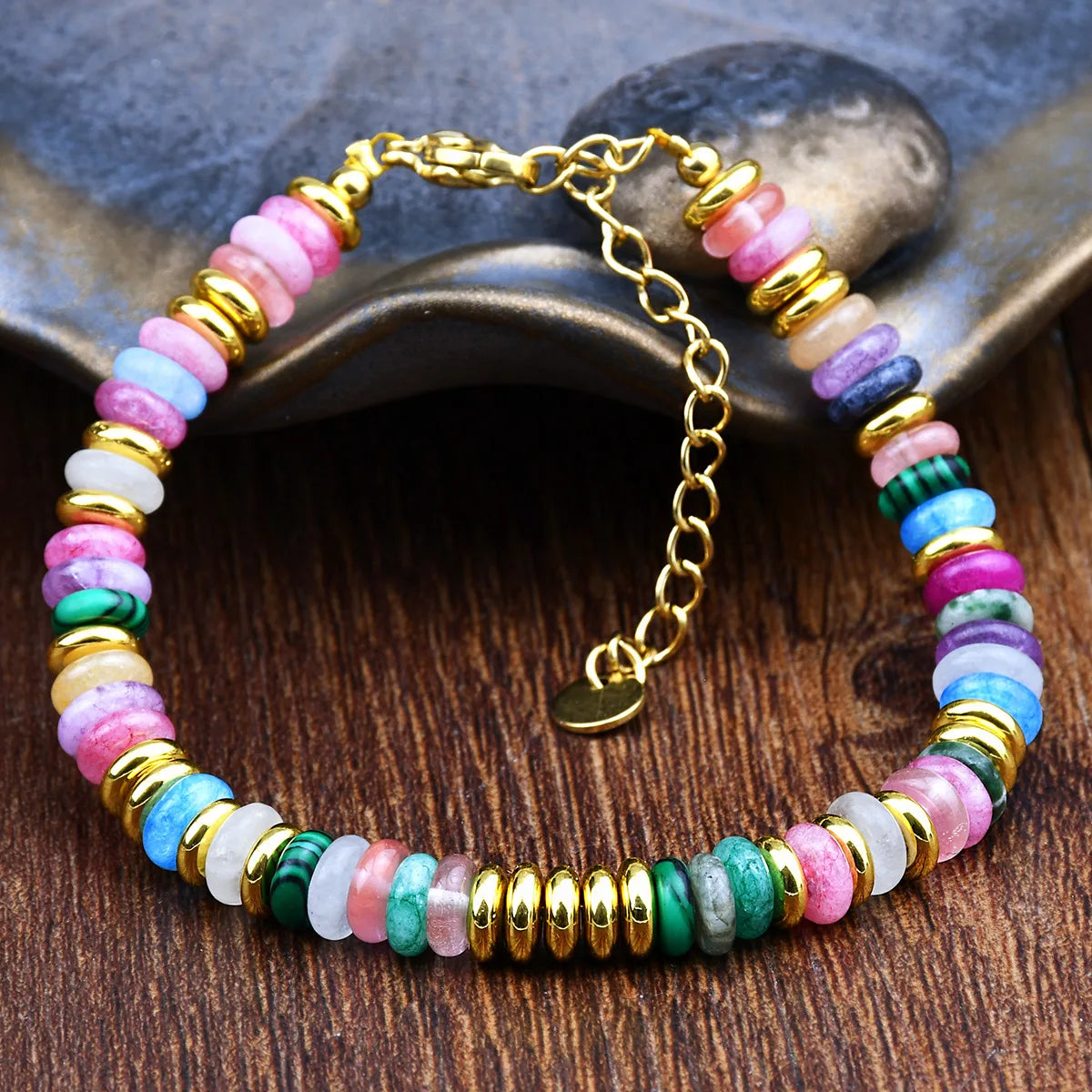 luckacco fashion dopamine colored natural stone adjustable bead bracelets women's light luxury high-end pebble bracelet jewelry