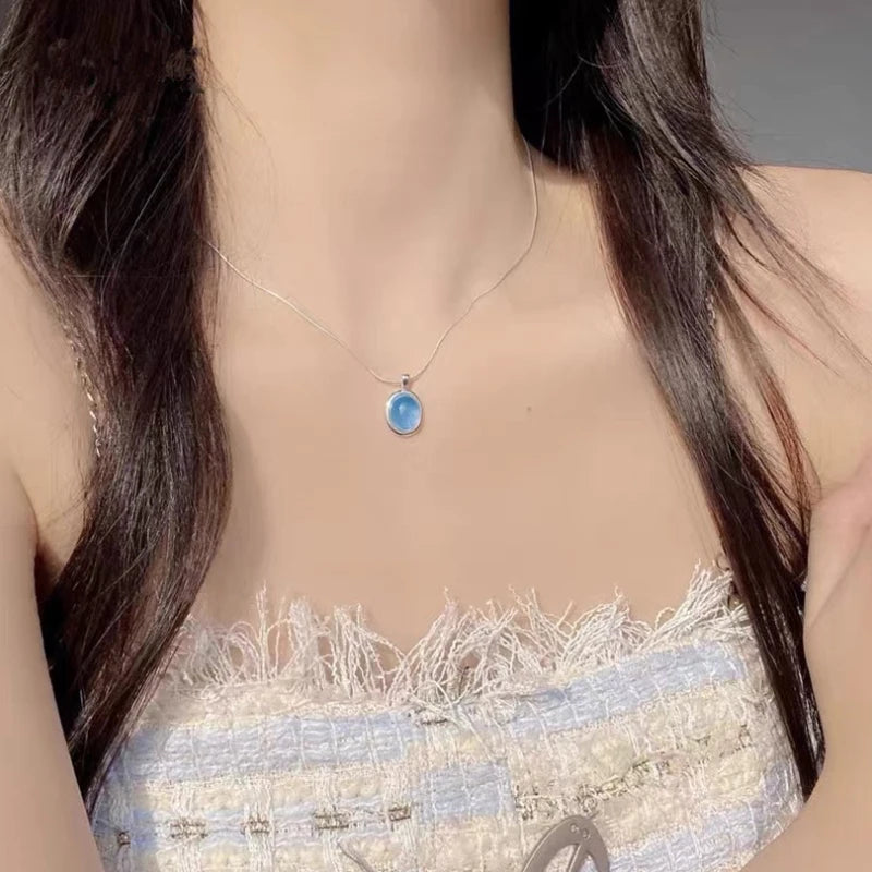 luckacco 925 sterling silver blue crystal moonstone necklace unique design elliptical natural stone pendant snake bone chain gift jewelry
