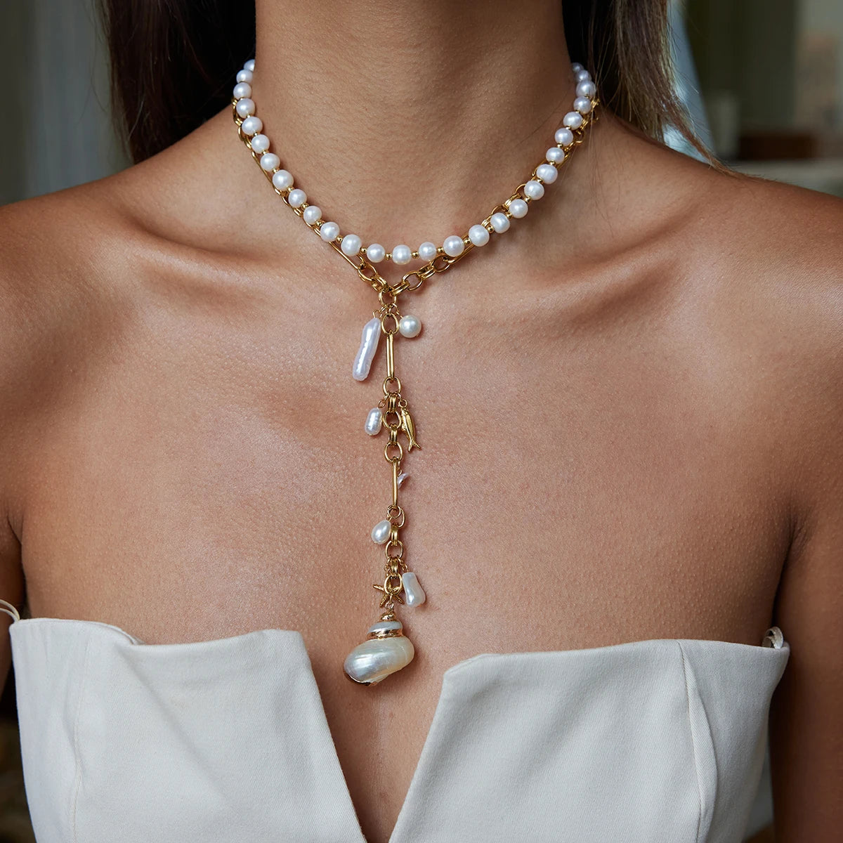 luckacco zora ocean holiday style conch pendant acrylic pearl y chain 18k gold-plated stainless steel handmade chain women's jewelry