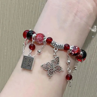 Luckacco 2024 New Trendy Red Crystal Beaded Bracelets for Women Simple Tassel Handmade Beads Fox Pendant Bracelets Jewelry Accessories