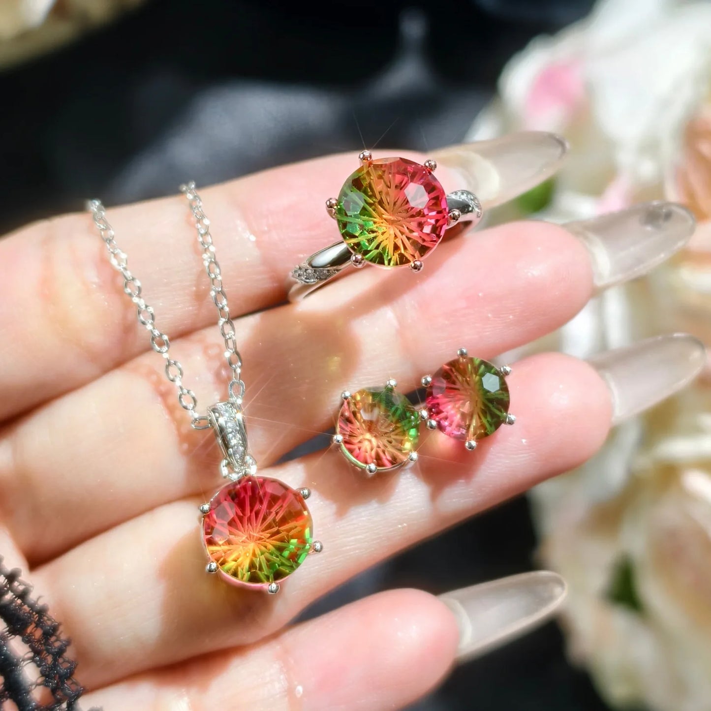 luckacco valuable lab jade diamond jewelry set 925 sterling silver engagement wedding rings earrings necklace for women bridal party gift