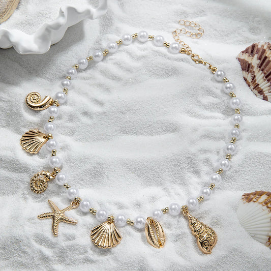 Luckacco Bohemia Conch Starfish Imitation Pearl Necklace for Women Luxury Exquisite Beaded Shell Pendant Necklace Beach Holiday Jewelry