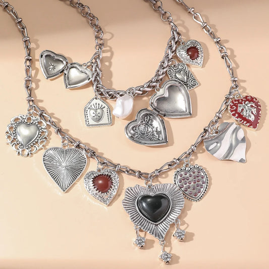 Luckacco Fashion Punk Metal Heart Pendant Necklaces for Women Vintage Double Layered Choker Chain Necklaces Luxury Party Jewelry Gifts