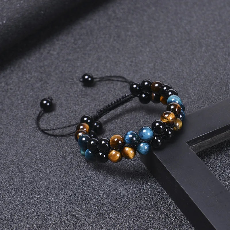 luckacco 8mm natural tiger eye stone adjustable bracelet double layer hand woven  row strand beaded bangles couple party jewelry