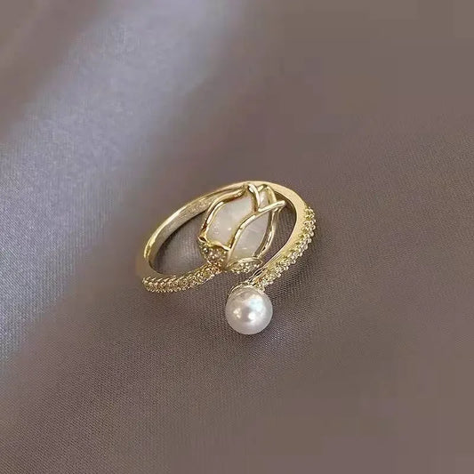 Luckacco Korean Trend Tulip Flower Imitation Pearl Rings for Women Elegant Simple Adjustable Opening Finger Ring Party Wedding Jewelry