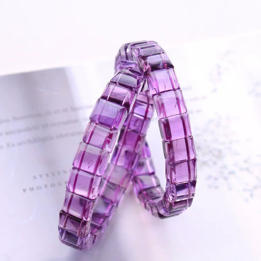 Luckacco Natural Purple Amethyst Quartz Clear Rectangle Bracelet 9x9mm Rectangle Beads Amethyst Women Men Stretch Purple Amethyst AAAAA