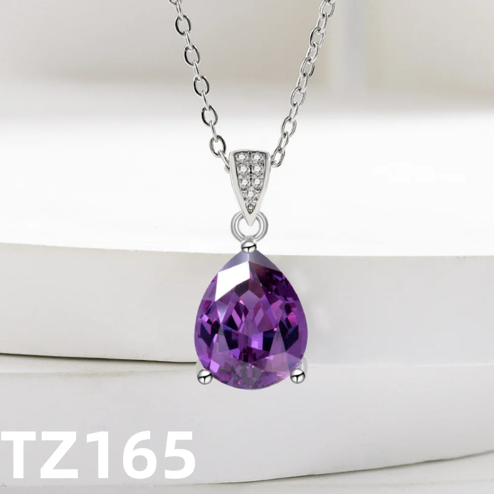 luckacco 925 sterling silver jewelry set inlaid with simulated amethyst zircon, teardrop necklace earrings ring women's elegant jewelry