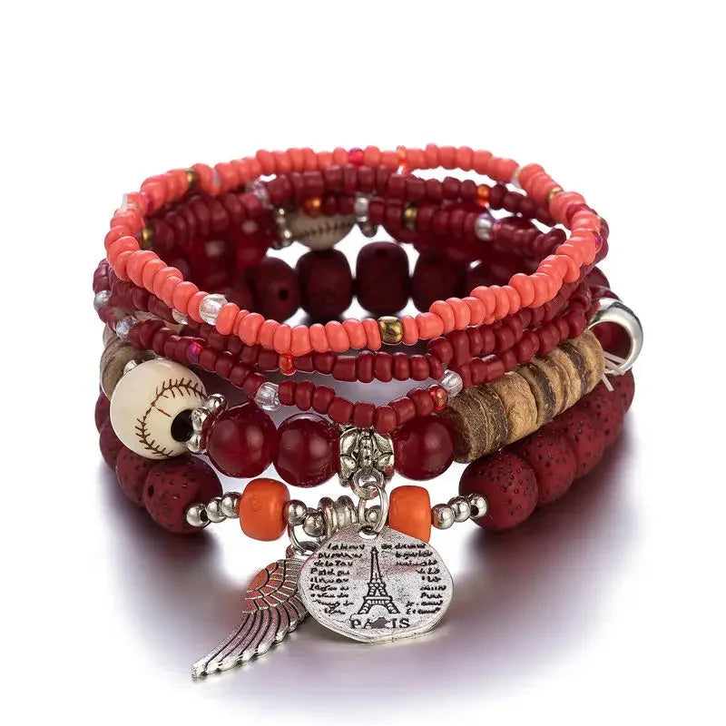 luckacco boho tree of life bracelet set for women fashion tassels charm wooden beads elastic chain bangle girl trendy party jewelry