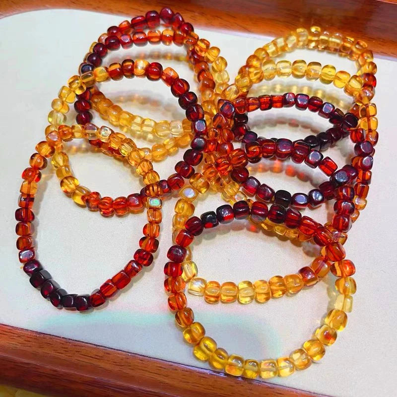 luckacco 6mm natural baltic amber bracelet for women fashion rainbow gradient color square elasticity aldult amber bead jewelry gift