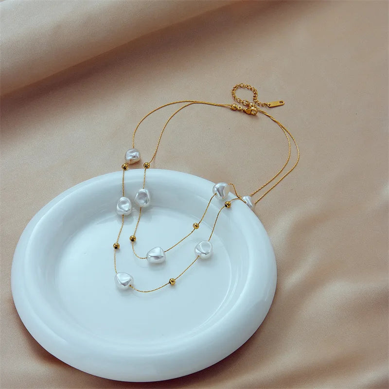 luckacco 316l stainless steel 2in1 large pearl pendant necklace for women new trend girls neck jewelry chain party wedding gift