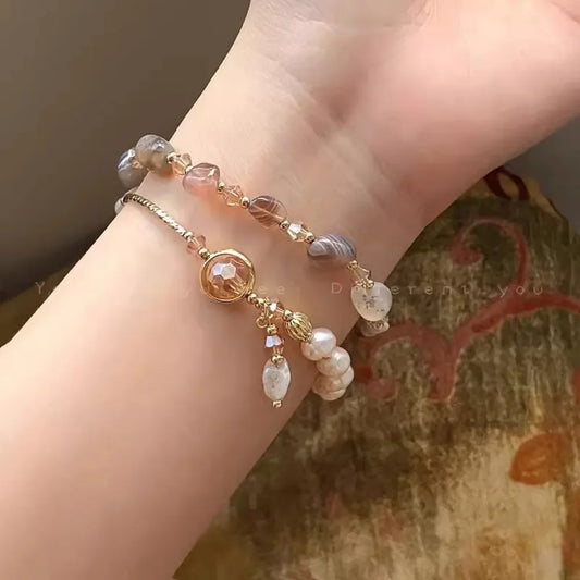 Luckacco 2pcs Set Luxury Natural Stone Pearl Beaded Bracelet for Women Bohemia Charm Crystal Pendant Holiday Jewelry Beach Accessory Gift