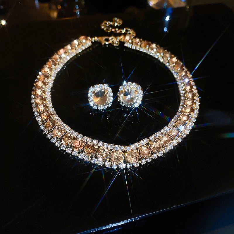 luckacco luxury green rhinestone necklace stud earrings for women crystal choker necklaces ladies fashion weddings banquet jewelry set