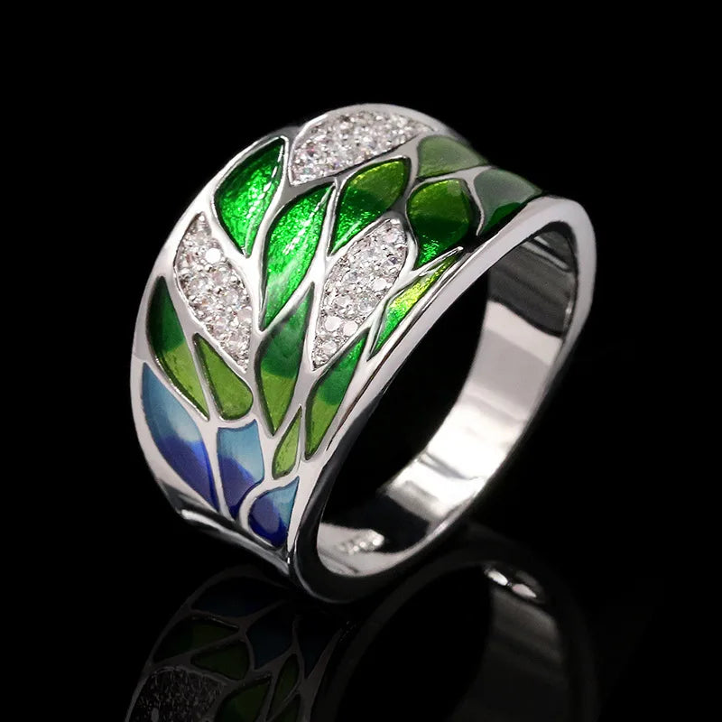 luckacco dazzling silver color leaf ring for women elegant metal inlaid white stones ring set jewelry