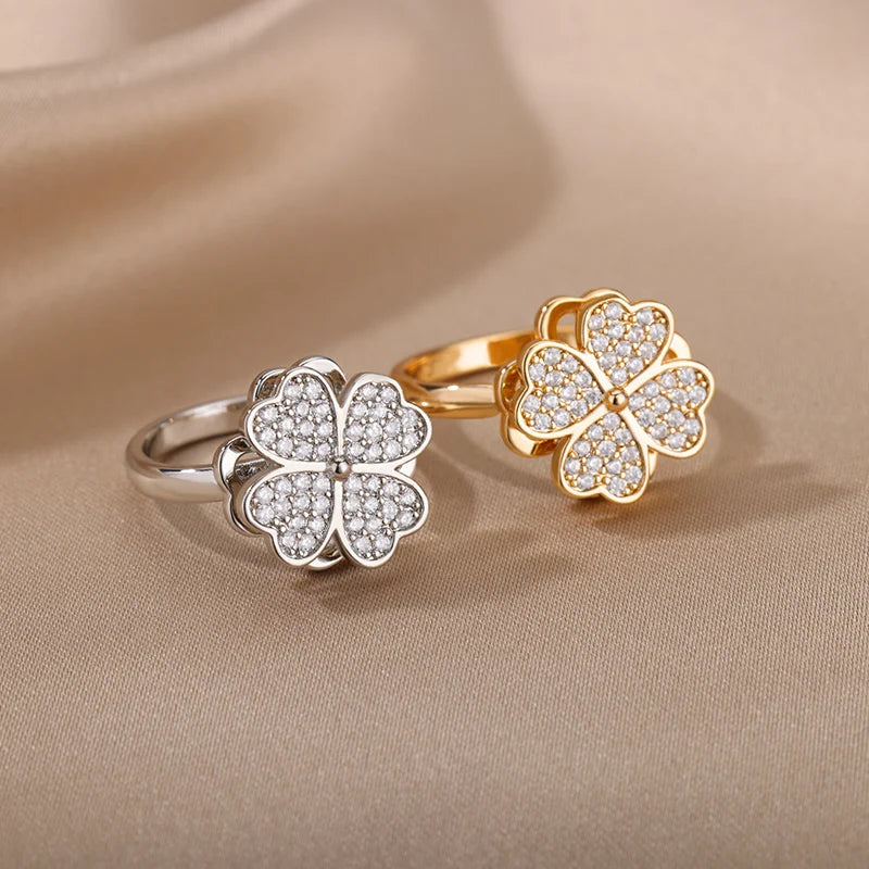luckacco four clover rotating anxiety rings for women gold color adjustable stainless steel wedding ring aesthetic jewelry gift anillos