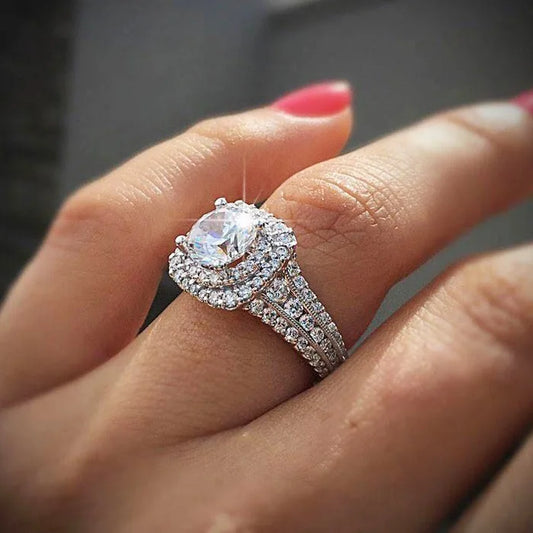 Luckacco Dazzling Silver Color Inlaid with Round White Zircon Rings Luxury Fashion Party Engagement Wedding Rings for Women Jewelry