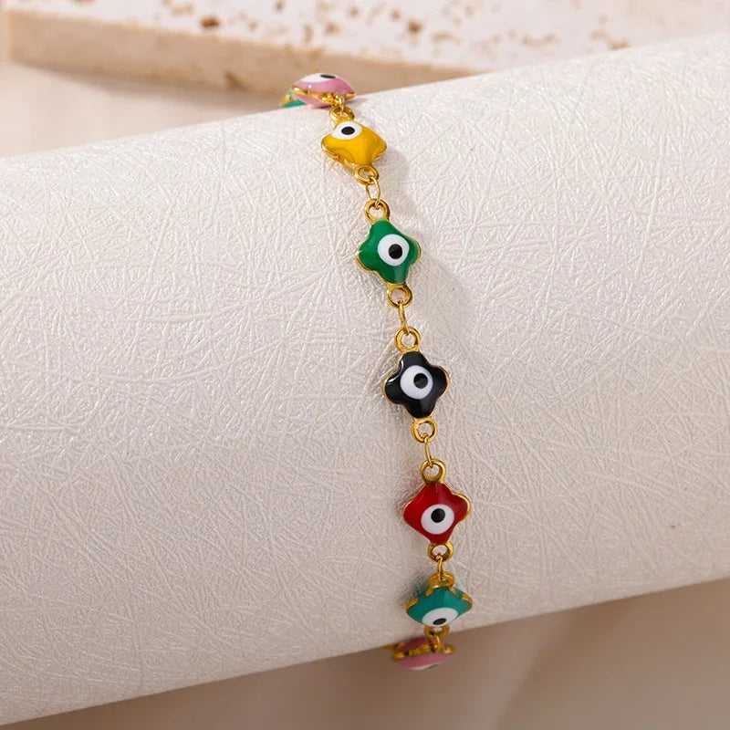 luckacco stainless steel evil eye bracelets for women men enamel round chain blue evil eye hand bracelet summer beach jewelry gift 2024