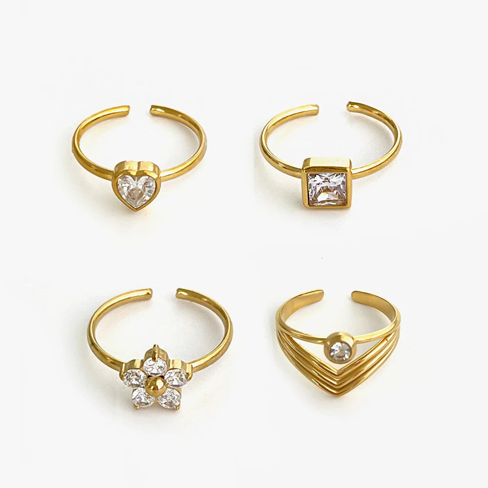 luckacco peri'sbox anti-tarnish white rhinestone square heart flower open rings women trendy multi-layer v-shaped ring wedding party gift