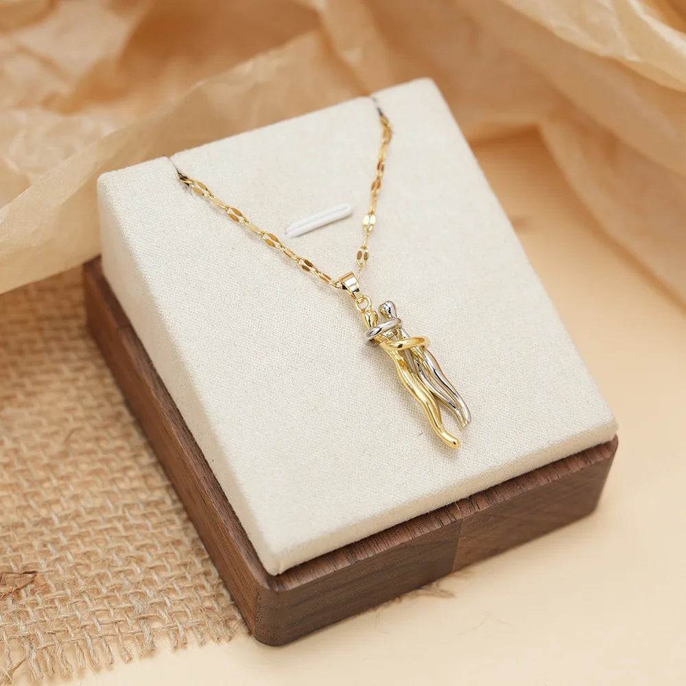 luckacco ftcy stainless steel couple hugging necklace pendant for women men gold silver color couple love chain friend gift party jewelry