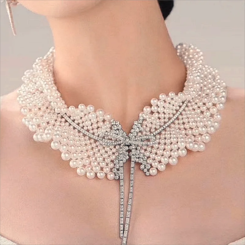 luckacco fine jewelry luxury 925 silver bowknot white gray natural freshwater pearl collar wide necklace vintage women