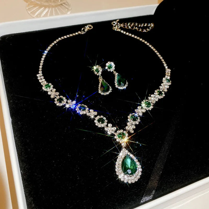 luckacco shiny crystal necklace earrings women's fashion big water droplet rhinestone necklaces wedding evening dress jewelry set