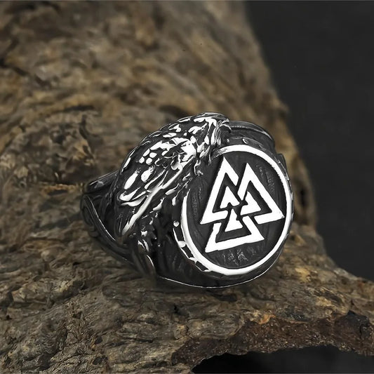 Luckacco Vintage Nordic Viking Ring Stainless Steel Men Ethnic Belief Odin Compass Valknut Tree of Life Ring Amulet Jewelry