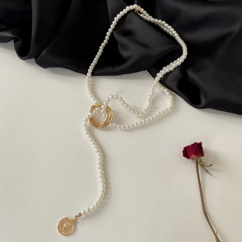luckacco vintage pearl pendant necklace for women elegant beaded long tassel sweater collar chain accessories temperament fashion jewelry