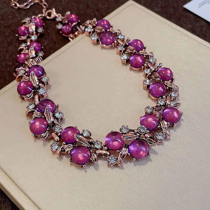 luckacco 1/3 pcs vintage purple red rhinestone necklace earrings bracelet set leaf flower metal necklace for women exquisite jewelry sets
