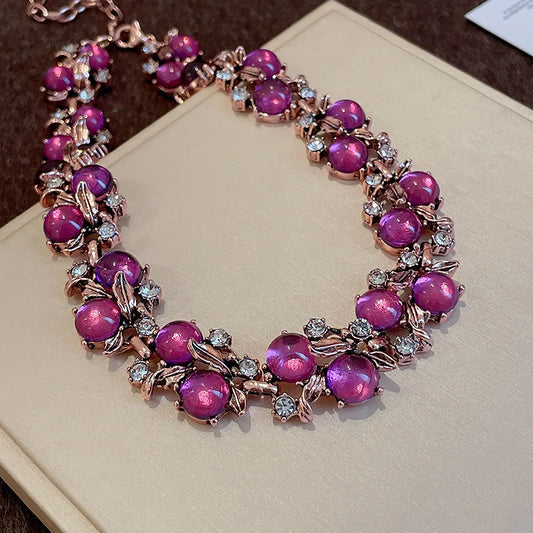 Luckacco 1/3 Pcs Vintage Purple Red Rhinestone Necklace Earrings Bracelet Set Leaf Flower Metal Necklace for Women Exquisite Jewelry Sets