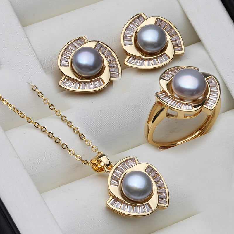 luckacco real natural freshwater pearl necklace earrings set woman,luxury pearl pearl stud earrings set jewelry wife birthday gift white