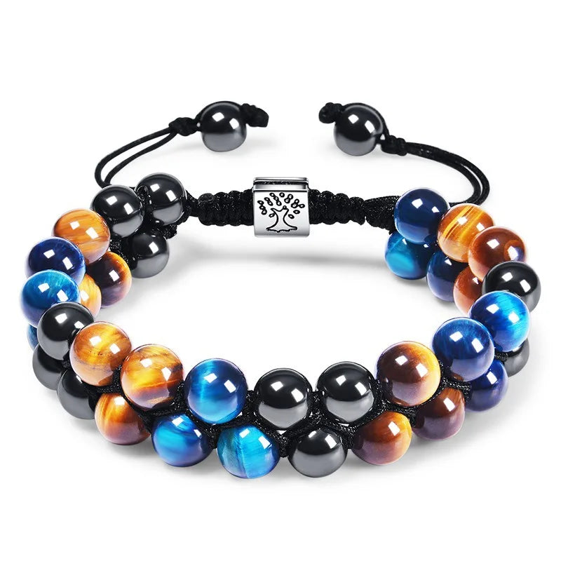 luckacco 8mm natural tiger eye stone adjustable bracelet double layer hand woven  row strand beaded bangles couple party jewelry