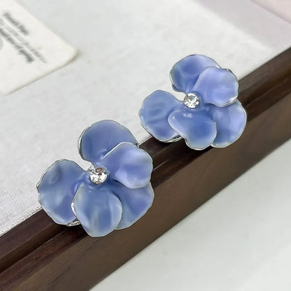 Luckacco Retro Big Flower Stud Earrings Red Blue Enamel Oil Petal Rhinestones Earrings for Women Wedding Party Cute Elegant Jewelry Gift