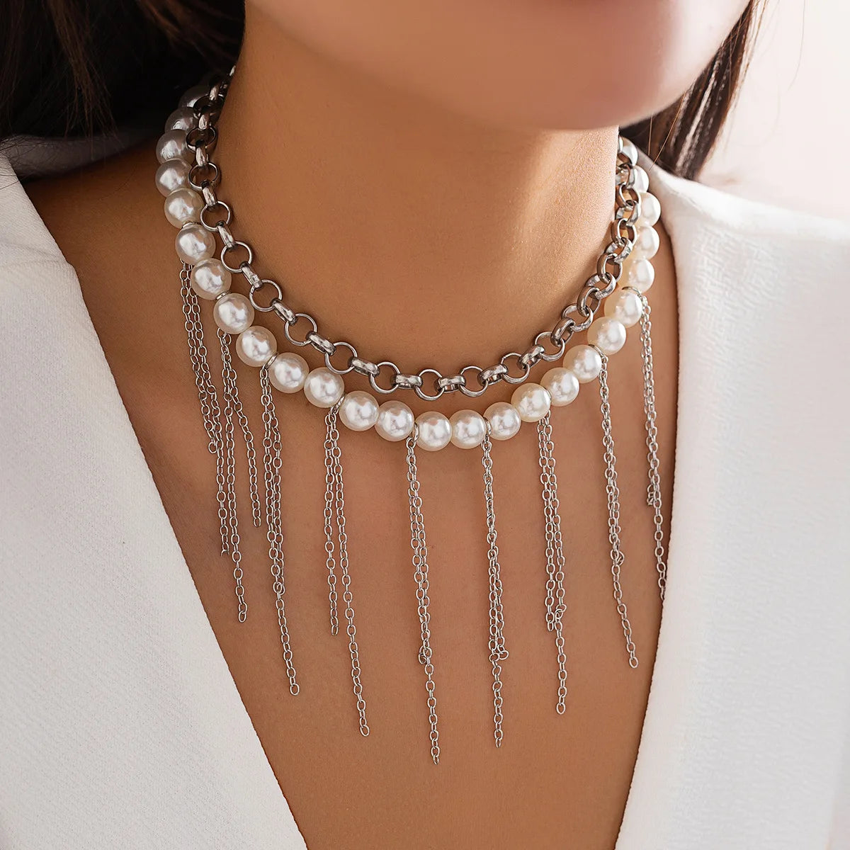 luckacco vintage tassel pendant clavicle necklace women 2023 multi layered simple and sweet imitation pearl beaded girl fashion jewelry