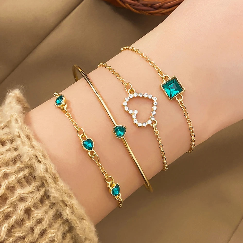 luckacco 4pcs/set fashionable snake imitation gemstone bangle rhinestone full metal bracelet set for women's jewelry birthday party gifts