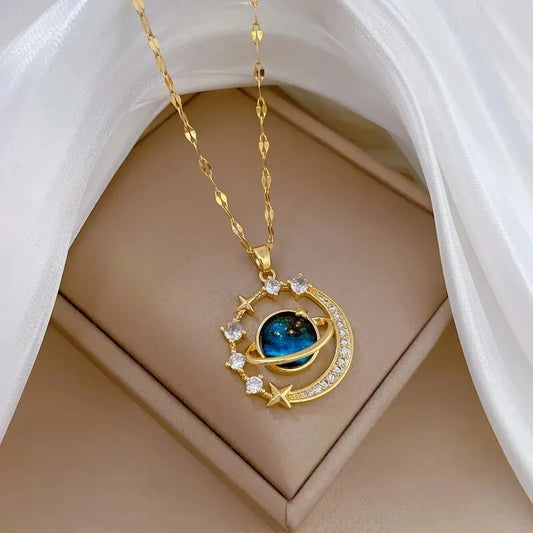 Luckacco Light Luxury Titanium Steel Star Series Necklace for Women Gold Color Planet Moon Astronaut Pendant Necklaces Jewelry Gifts Necklace A