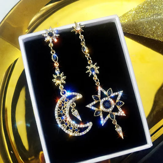 Luckacco Elegant Silver Color Asymmetric Star Moon Earrings Long Statement Tassel Sparkling Personalized Earrings Jewelry