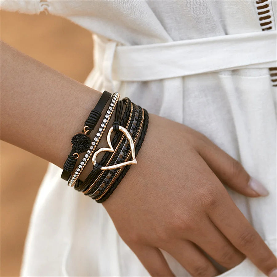 luckacco amorcome fashion braided leather wrap bracelets bangles multilayer resin stone hollow heart charm bracelets women gift pulseira