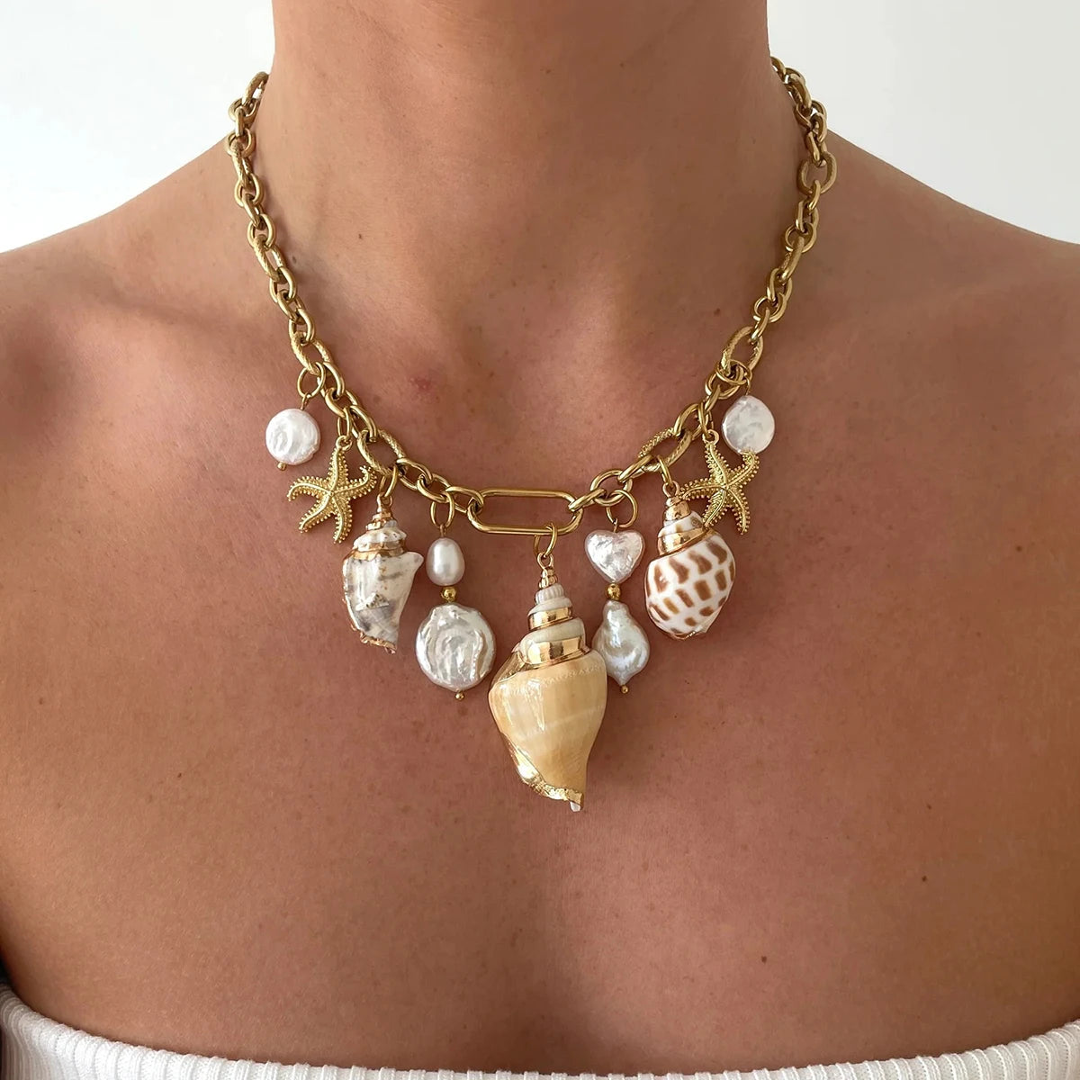 luckacco youthway-collier bohème en acier inoxydable pour femme, grande perle imperméable, pendentif conque étoile de mer, bijoux de plage océan