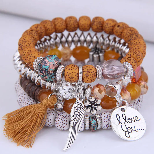Luckacco elite Bohemian Multicolor Pink Crystal Beads Bracelets Women Girls Elastic Tassel Wing Letters Rope Bracelet Pulseira Feminina