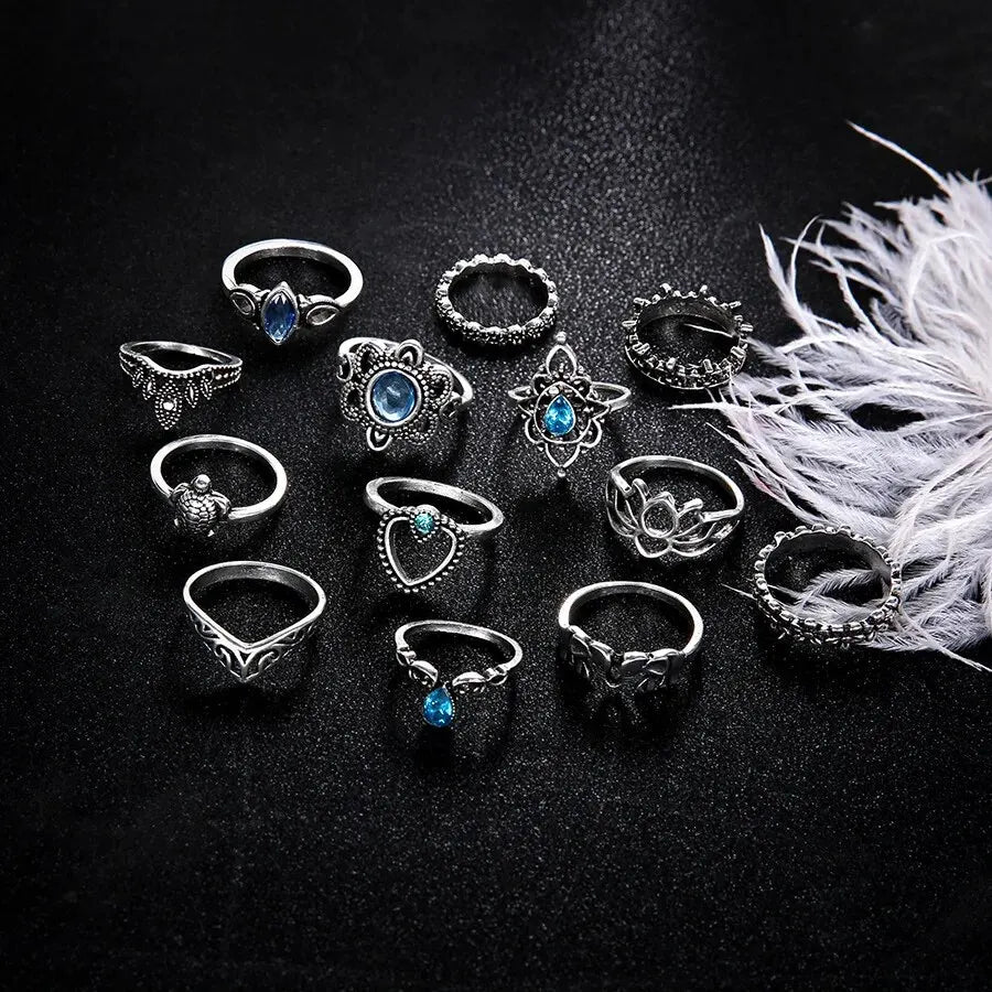 luckacco 13pcs/set vintage carved hollow flower crown love rings for women trendy 2024 retro exquisite fringer rings party jewelry gift