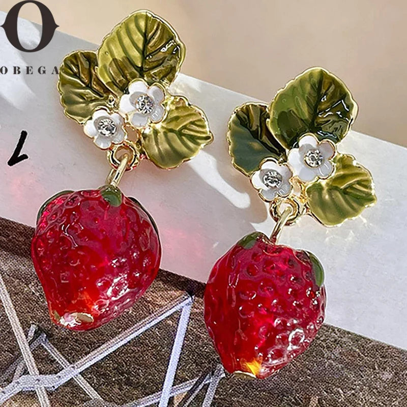 luckacco obega girls cute strawberry drop earrings green leaves white flower red berry crystal stone earrings forsummer jewelry gift