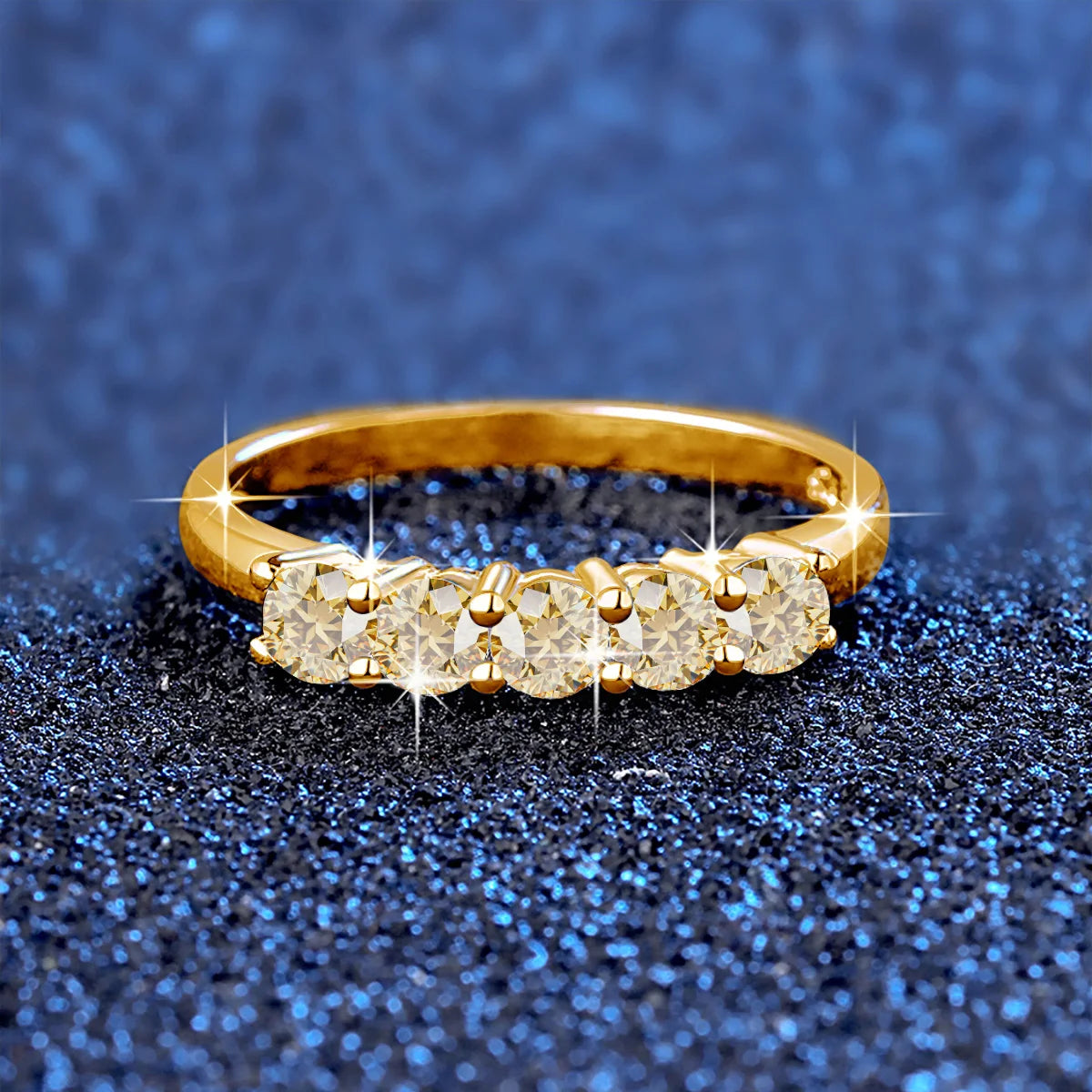 luckacco certified natural original champagne yellow moissanite ring 1.0ct 5 stone wedding band for woman engagement jewelry gift female