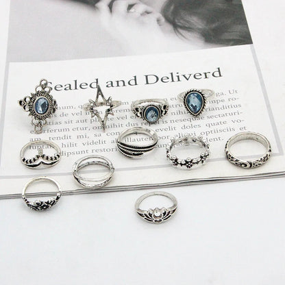 Luckacco 11pcs/set Bohemia Vintage Silver Gothic Aesthatic Vintage Carved Feathers Flowers Leaves Butterfly Ring set for women