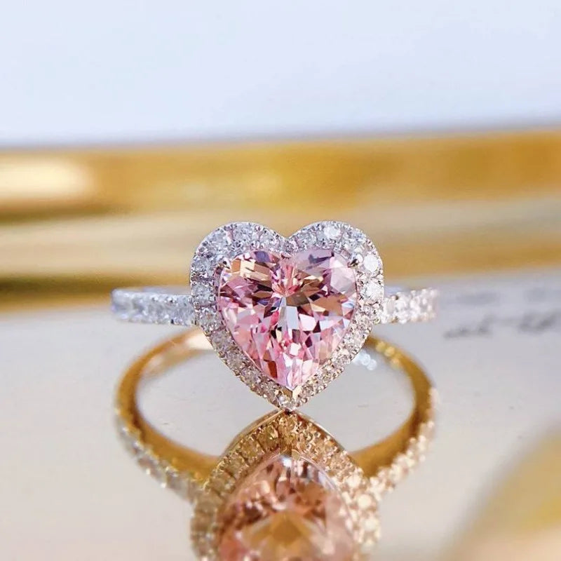 luckacco delicate heart geometry silver color rings for women elegant metal inlaid pink white stones ring jewelry