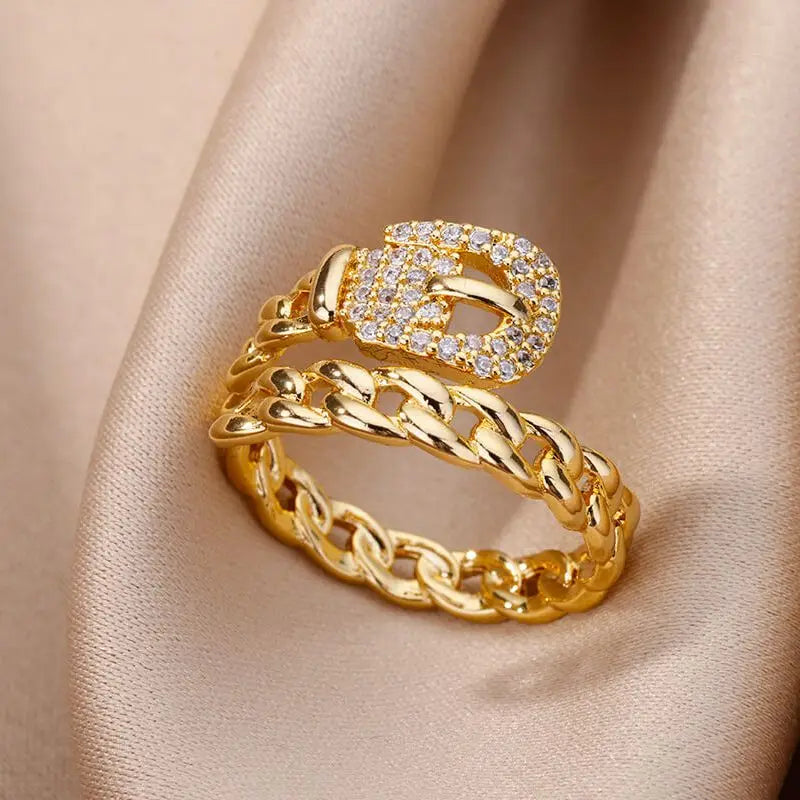 luckacco zircon belt rings for women stainless steel adjustable finger ring femme geometric 2023 wedding aesthetic jewerly gift anillos